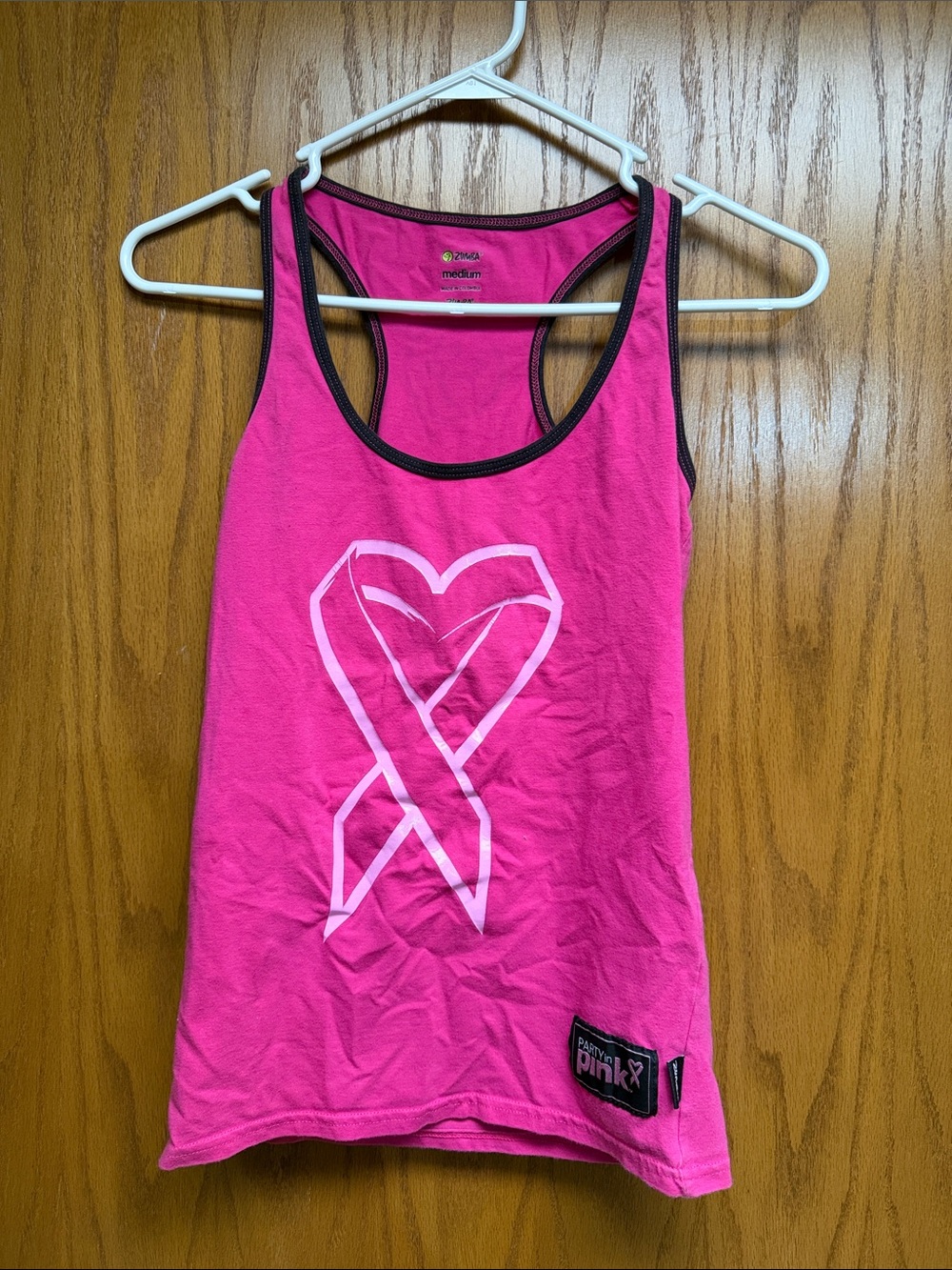 Zumba Fitness Hot Pink Racerback Tank with White Heart Ribbon